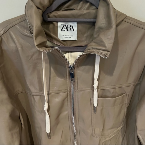Zara Taupe Leather Hooded Zipper Jacket | XS - Picture 3 of 11